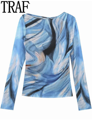 Yipinpay 2023 Blue Print Mesh Top Female Vintage Tulle Crop Top Women Ruched Chic Woman Blouse Long Sleeve Elegant Women's Blouses